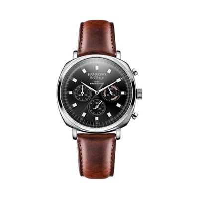 Men's square chronograph watch with brown leather strap
